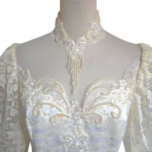 Vintage White Victorian 80s Wedding Lace Dress with Pearl Details - Picture 2 of 12